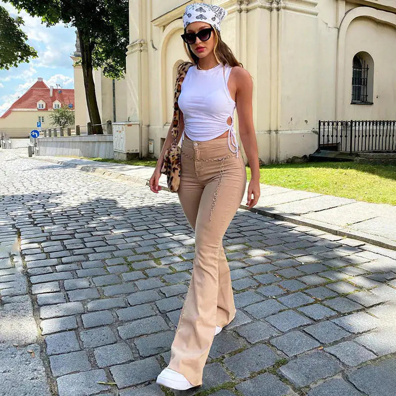 Damesjeans met hoge taille en uitlopende pijpen